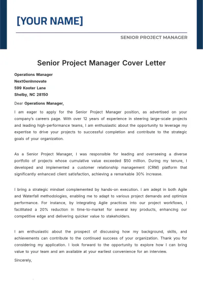 Free Senior Project Manager Cover Letter to Edit Online