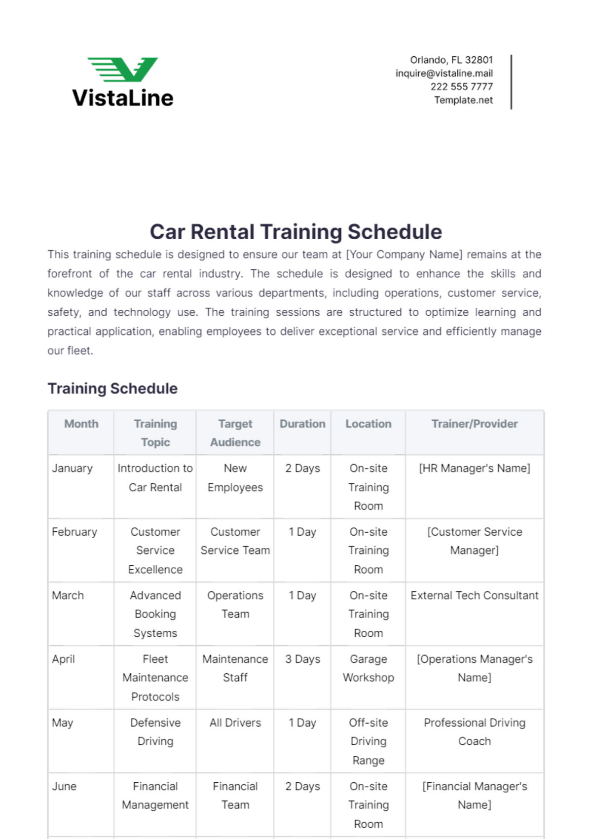 Car Rental Training Schedule Template - Edit Online & Download