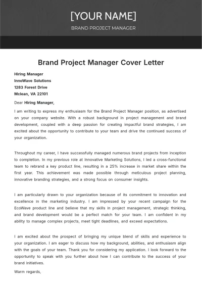 Free Brand Project Manager Cover Letter to Edit Online