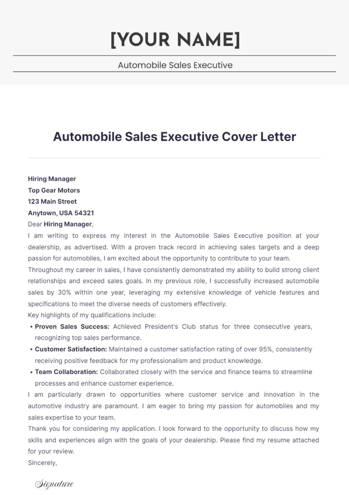 Automobile Sales Executive Cover Letter