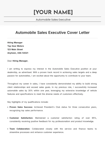 Free Automobile Sales Executive Cover Letter to Edit Online