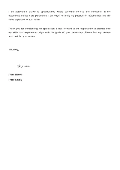 Free Automobile Sales Executive Cover Letter to Edit Online
