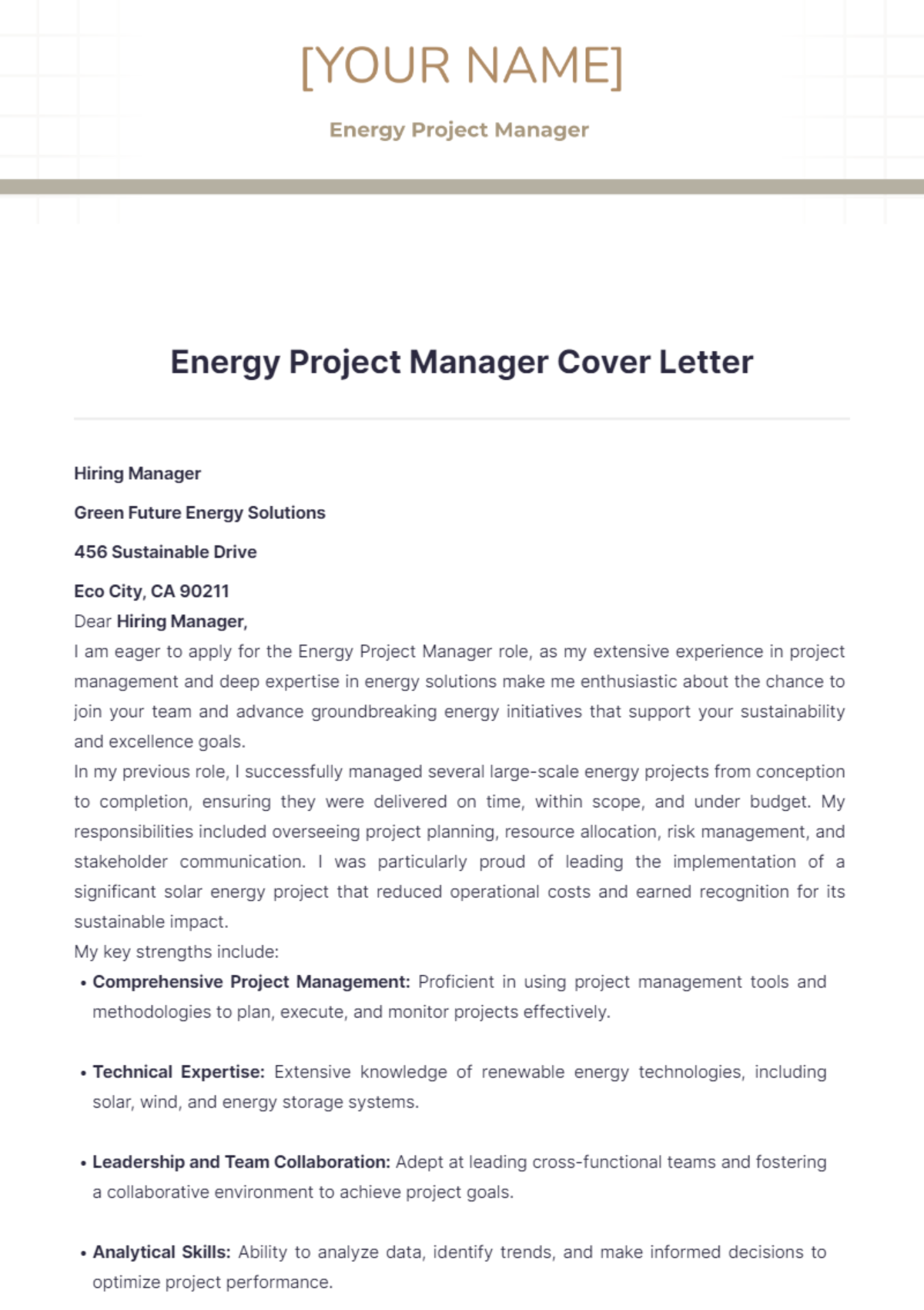 Energy Project Manager Cover Letter - Edit Online & Download