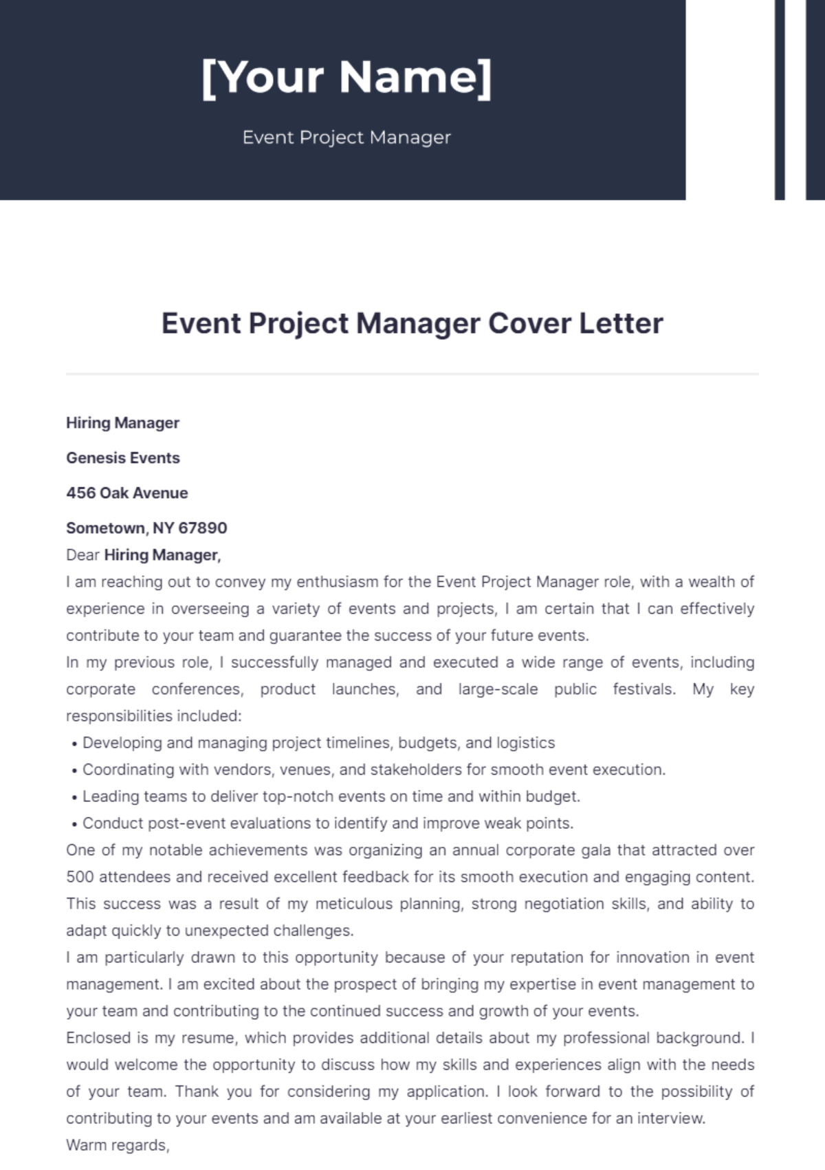 Event Project Manager Cover Letter