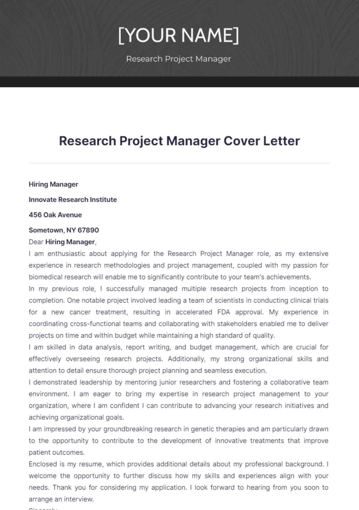 Research Project Manager Cover Letter