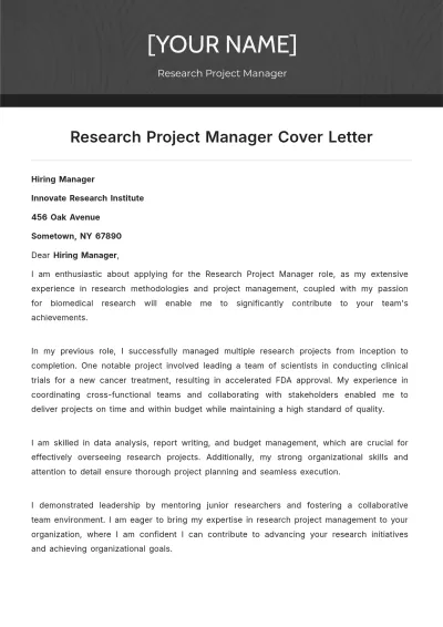 Free Research Project Manager Cover Letter to Edit Online