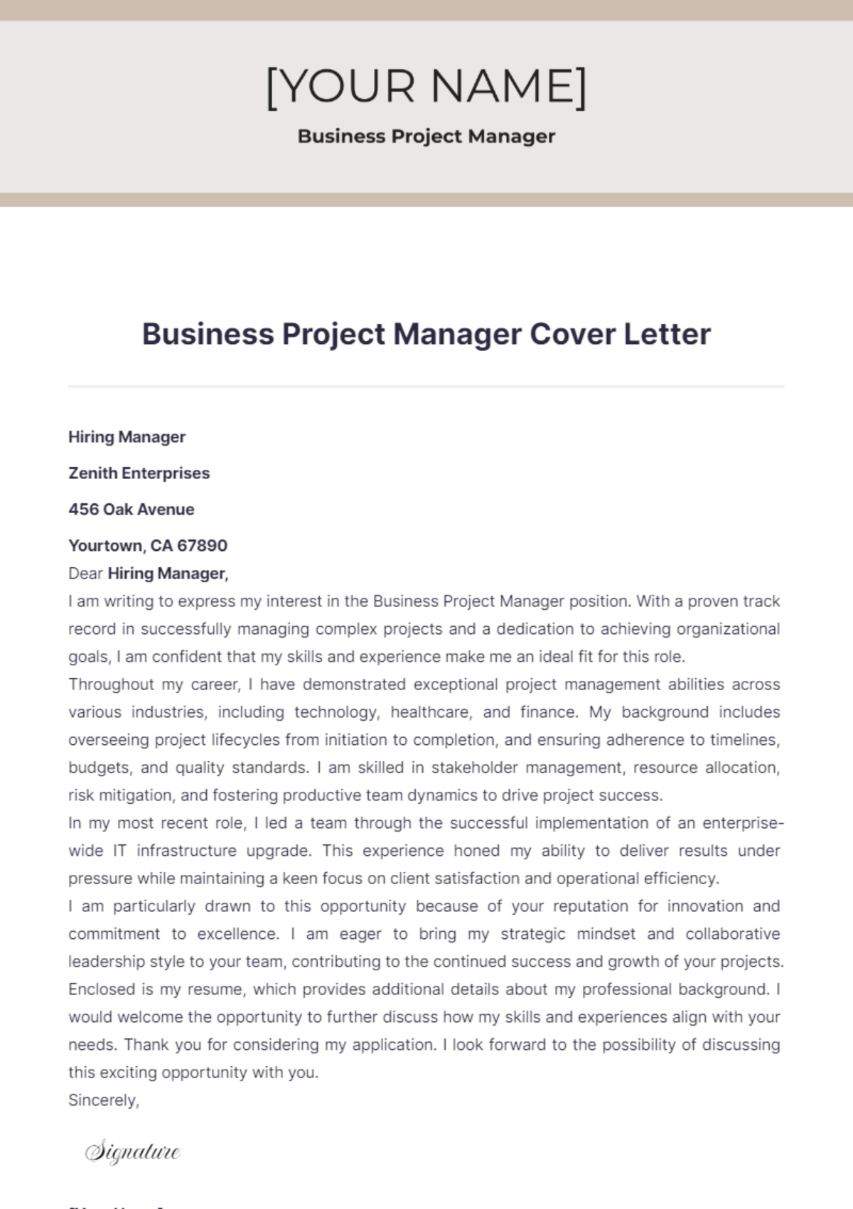 Business Project Manager Cover Letter