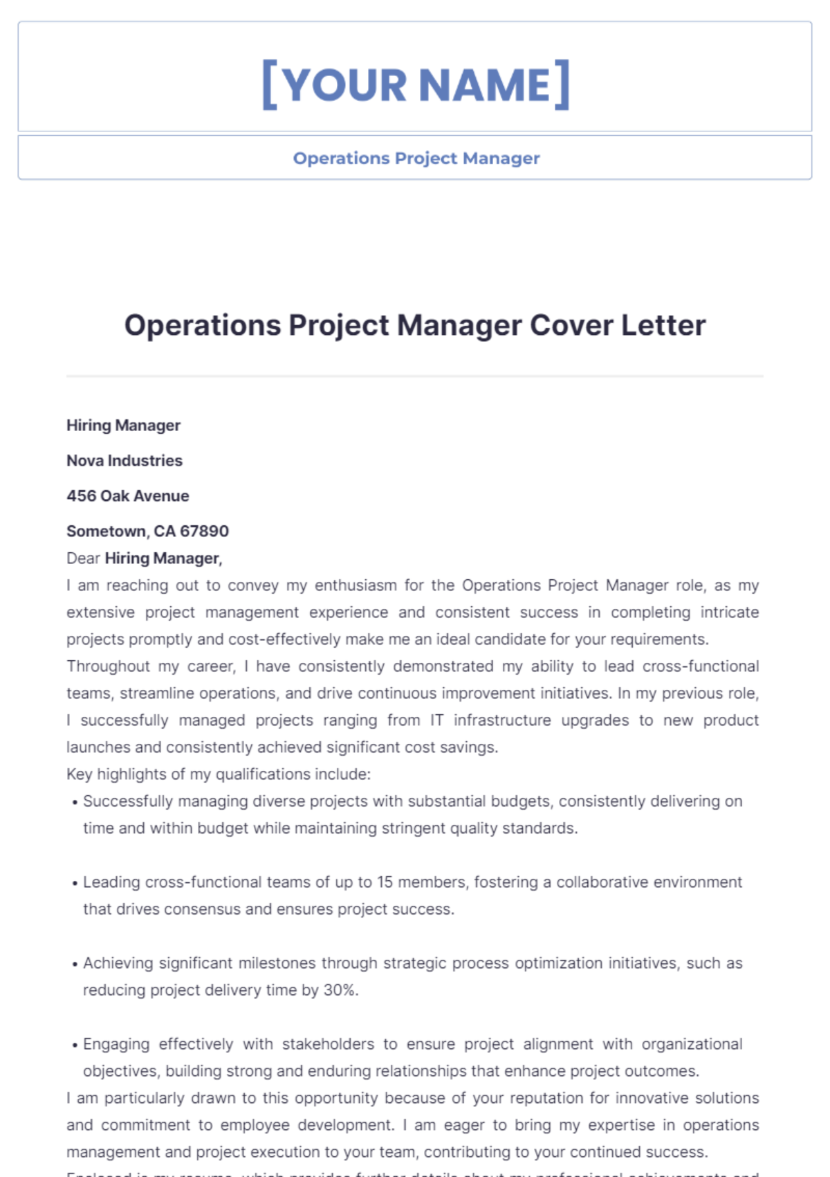 Operations Project Manager Cover Letter - Edit Online & Download