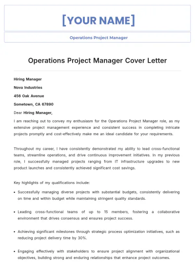 Free Operations Project Manager Cover Letter to Edit Online