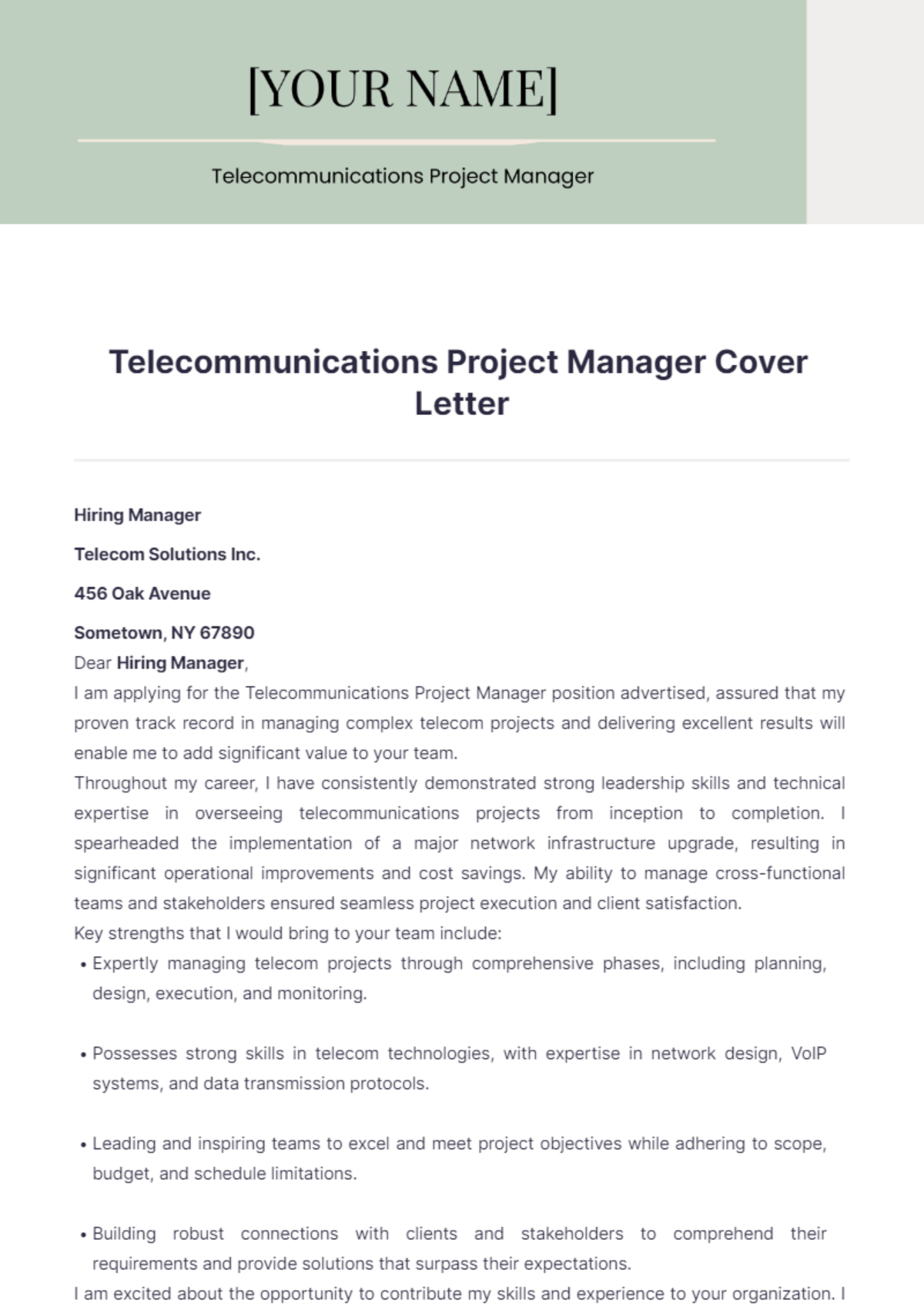 Telecommunications Project Manager Cover Letter - Edit Online & Download