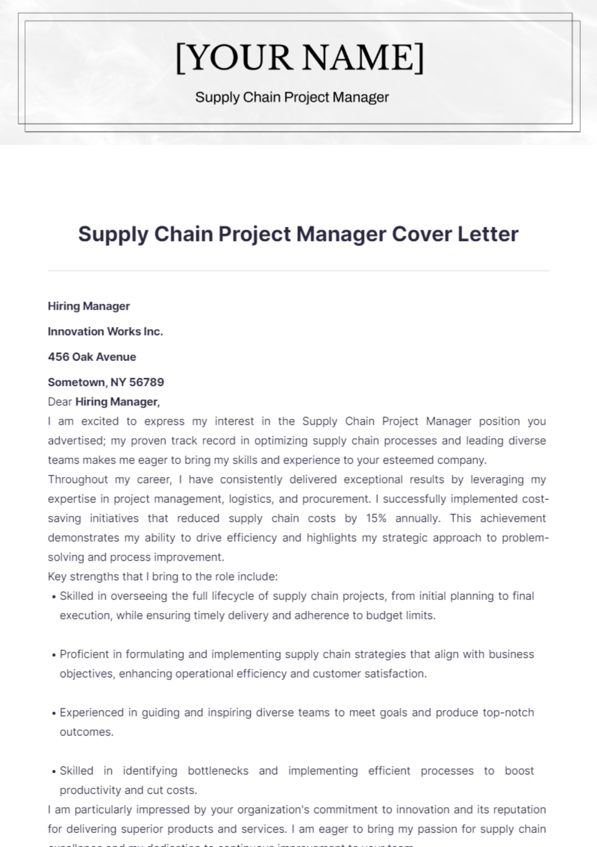 Supply Chain Project Manager Cover Letter