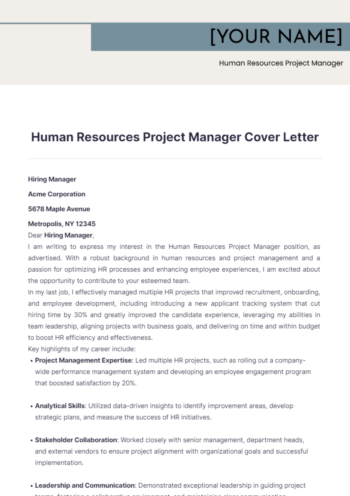 Human Resources Project Manager Cover Letter