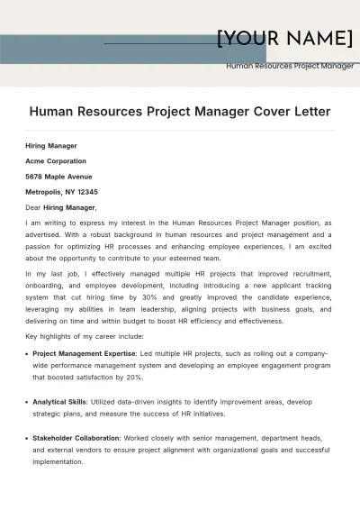 Free Human Resources Project Manager Cover Letter to Edit Online