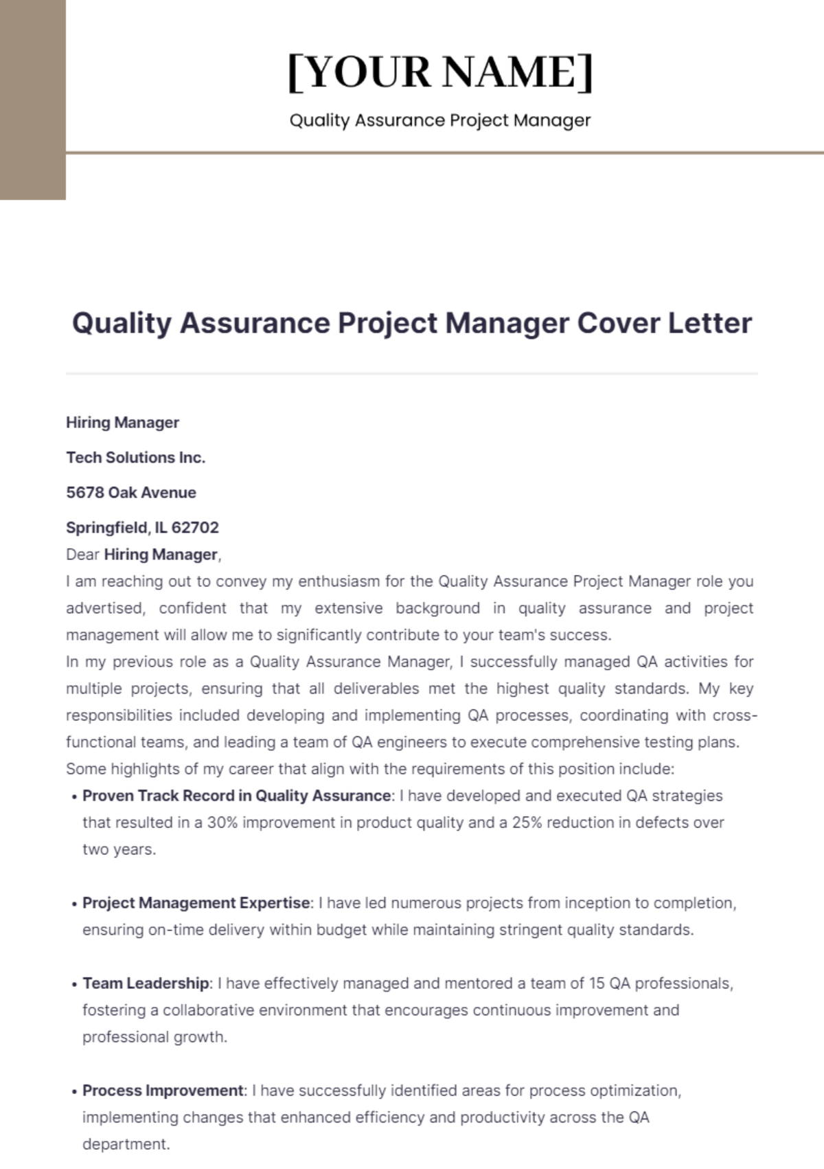 Quality Assurance Project Manager Cover Letter - Edit Online & Download