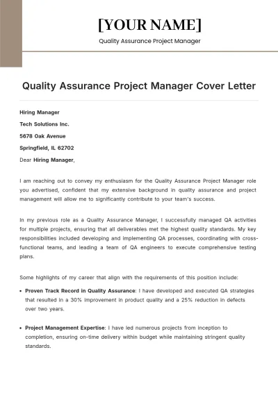 Free Quality Assurance Project Manager Cover Letter to Edit Online