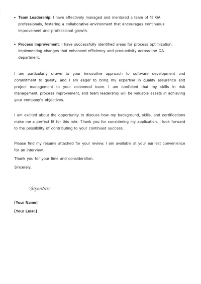 Free Quality Assurance Project Manager Cover Letter to Edit Online