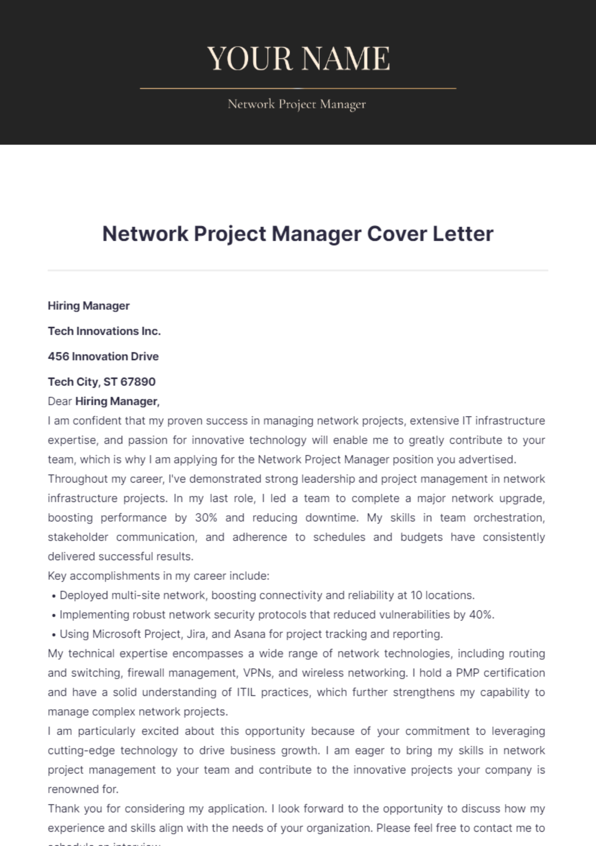 Network Project Manager Cover Letter - Edit Online & Download