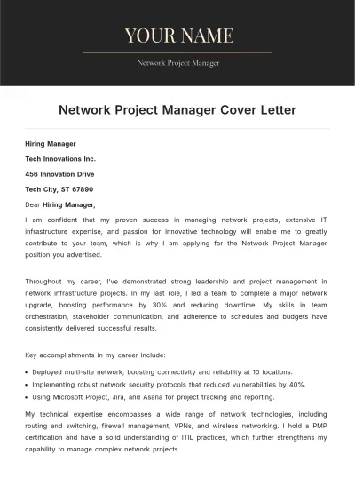 Free Network Project Manager Cover Letter to Edit Online