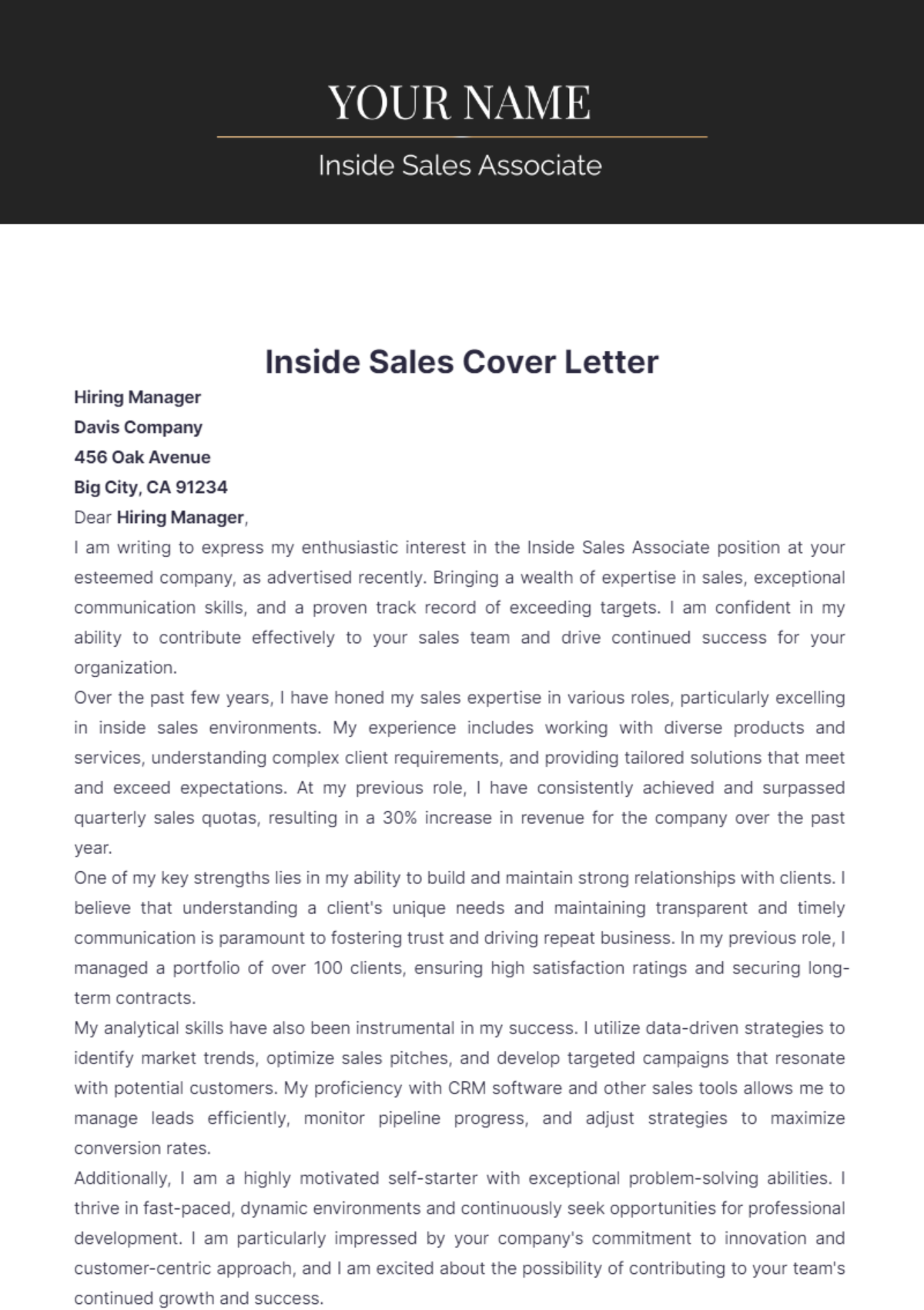 Inside Sales Cover Letter