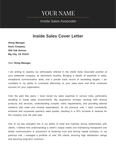 Free Inside Sales Cover Letter to Edit Online