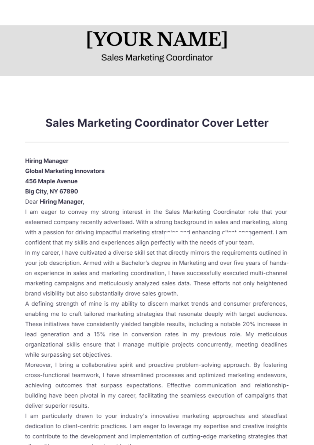 Sales Marketing Coordinator Cover Letter - Edit Online & Download