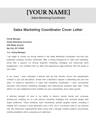 Free Sales Marketing Coordinator Cover Letter to Edit Online