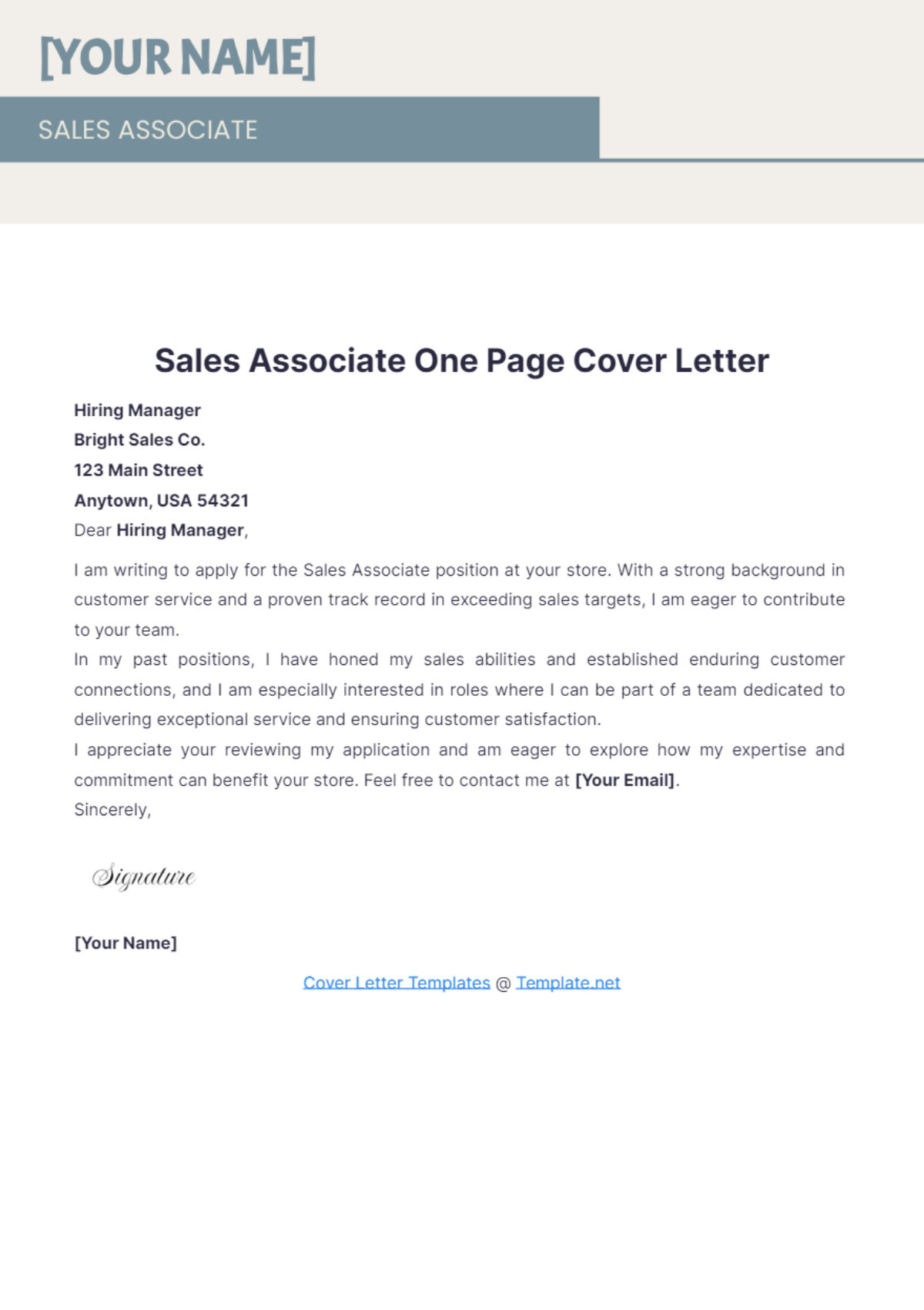 Sales Associate One Page Cover Letter