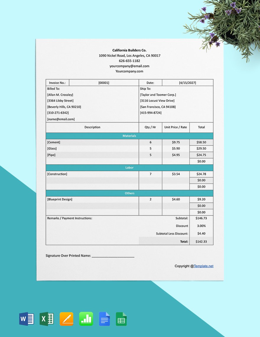 Professional Construction Invoice Template in Word, Google Docs, Excel, Google Sheets, Apple Pages, Apple Numbers
