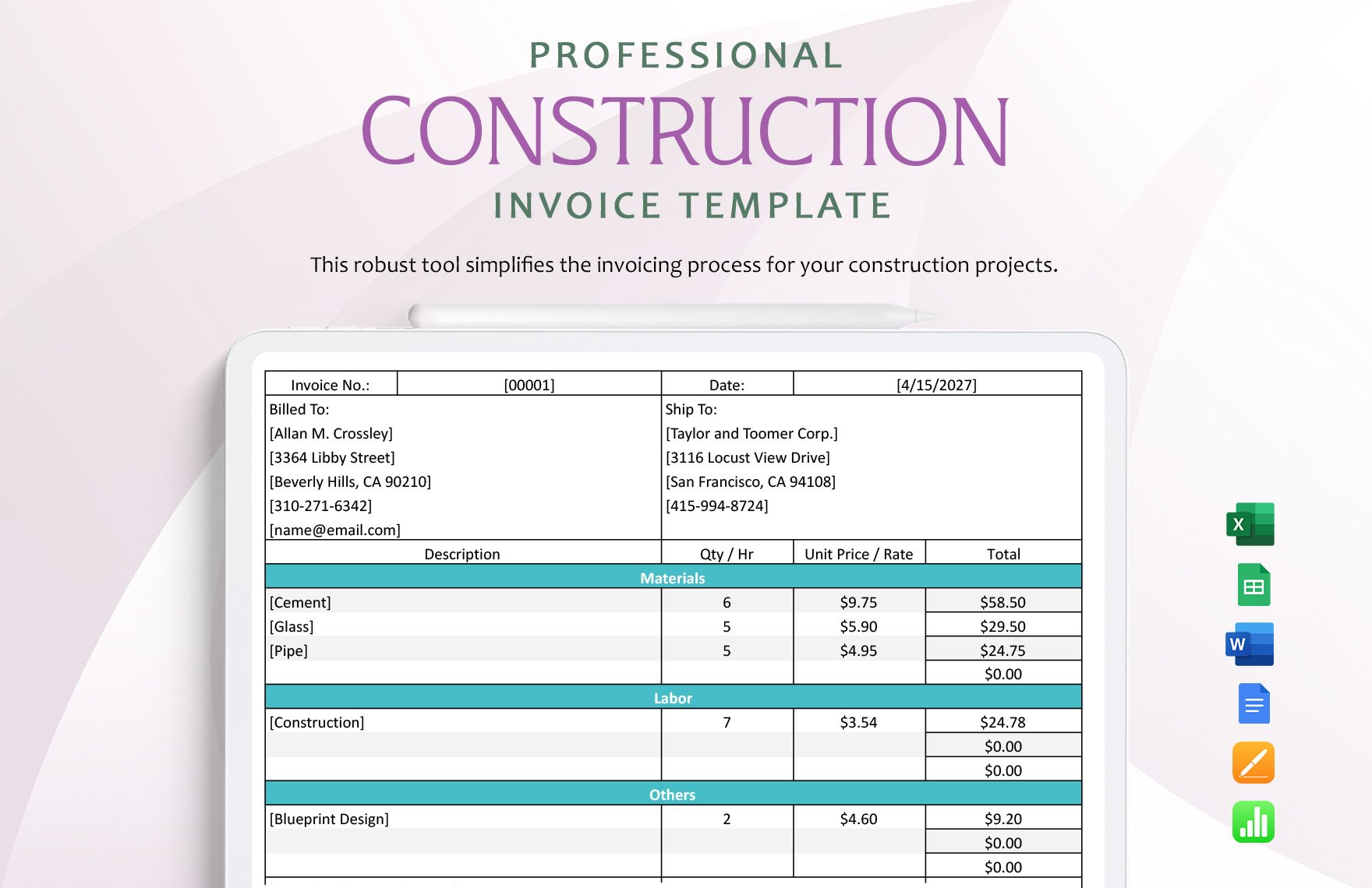 Professional Construction Invoice Template in Word, Google Docs, Excel, Google Sheets, Apple Pages, Apple Numbers