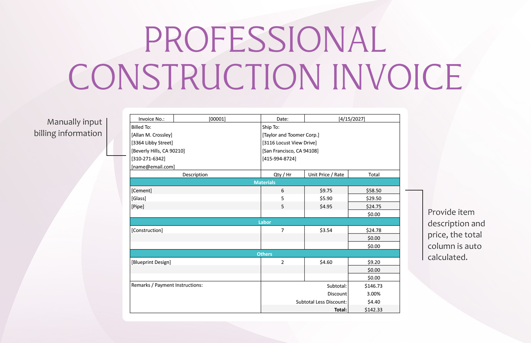Professional Construction Invoice Template