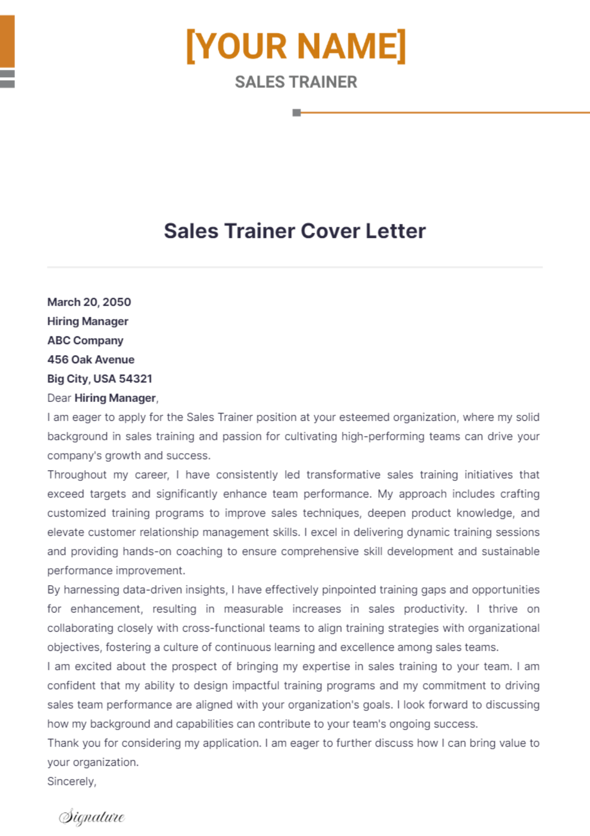 Sales Trainer Cover Letter - Edit Online & Download