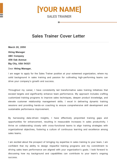 Free Sales Trainer Cover Letter to Edit Online