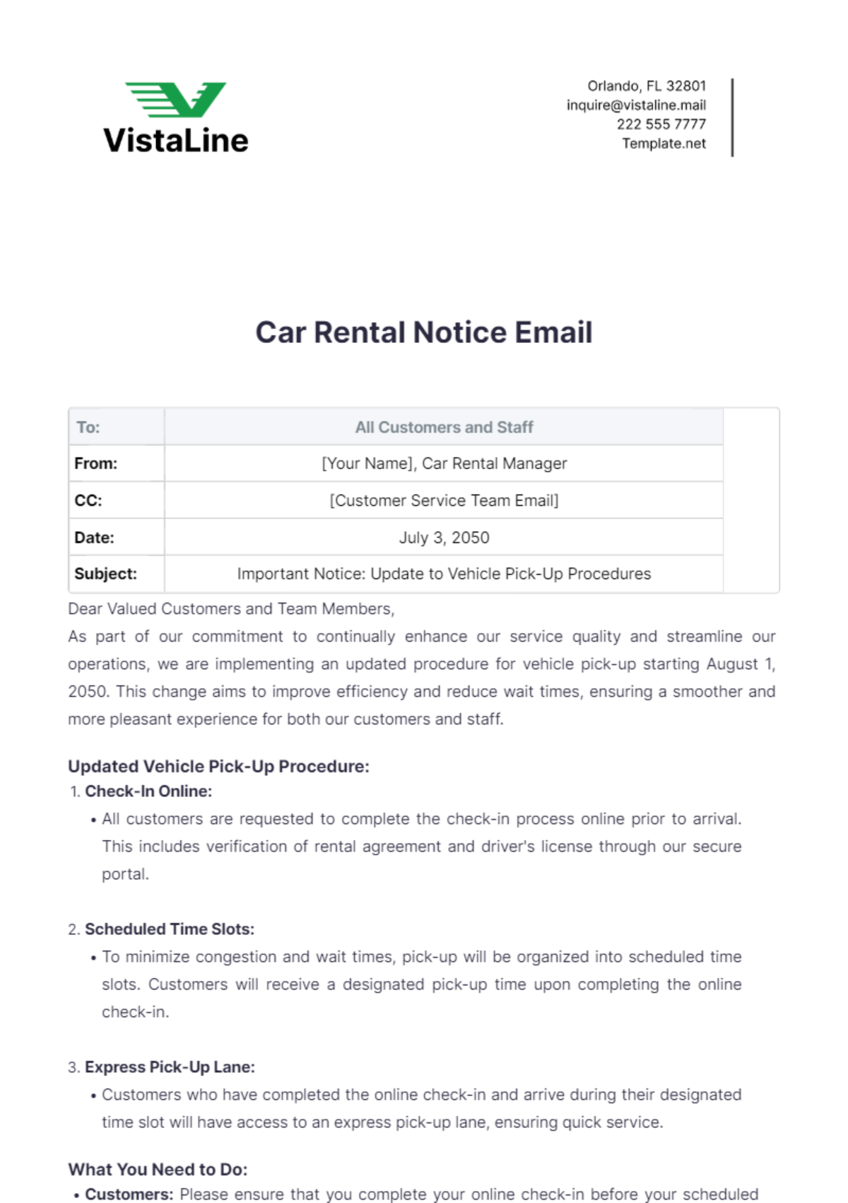 Car Rental Notice Email Template