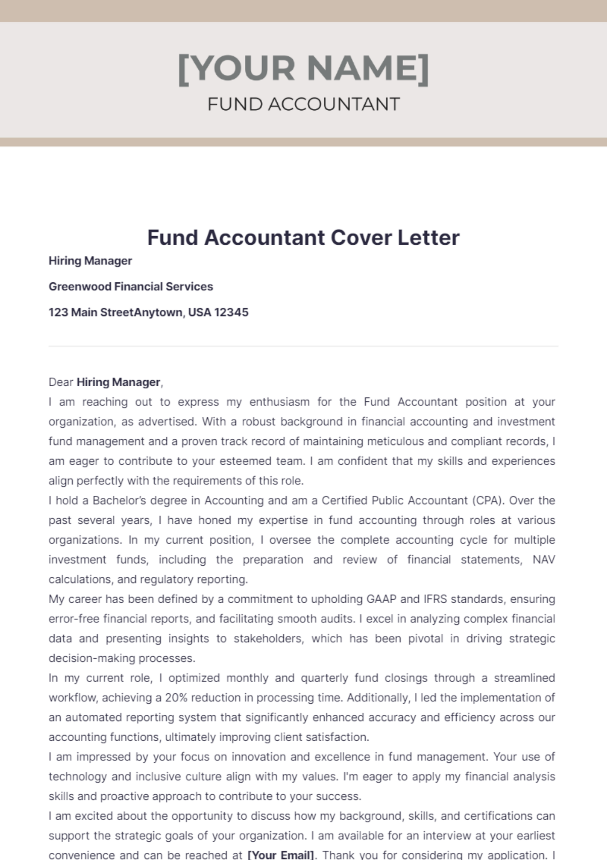 Fund Accountant Cover Letter