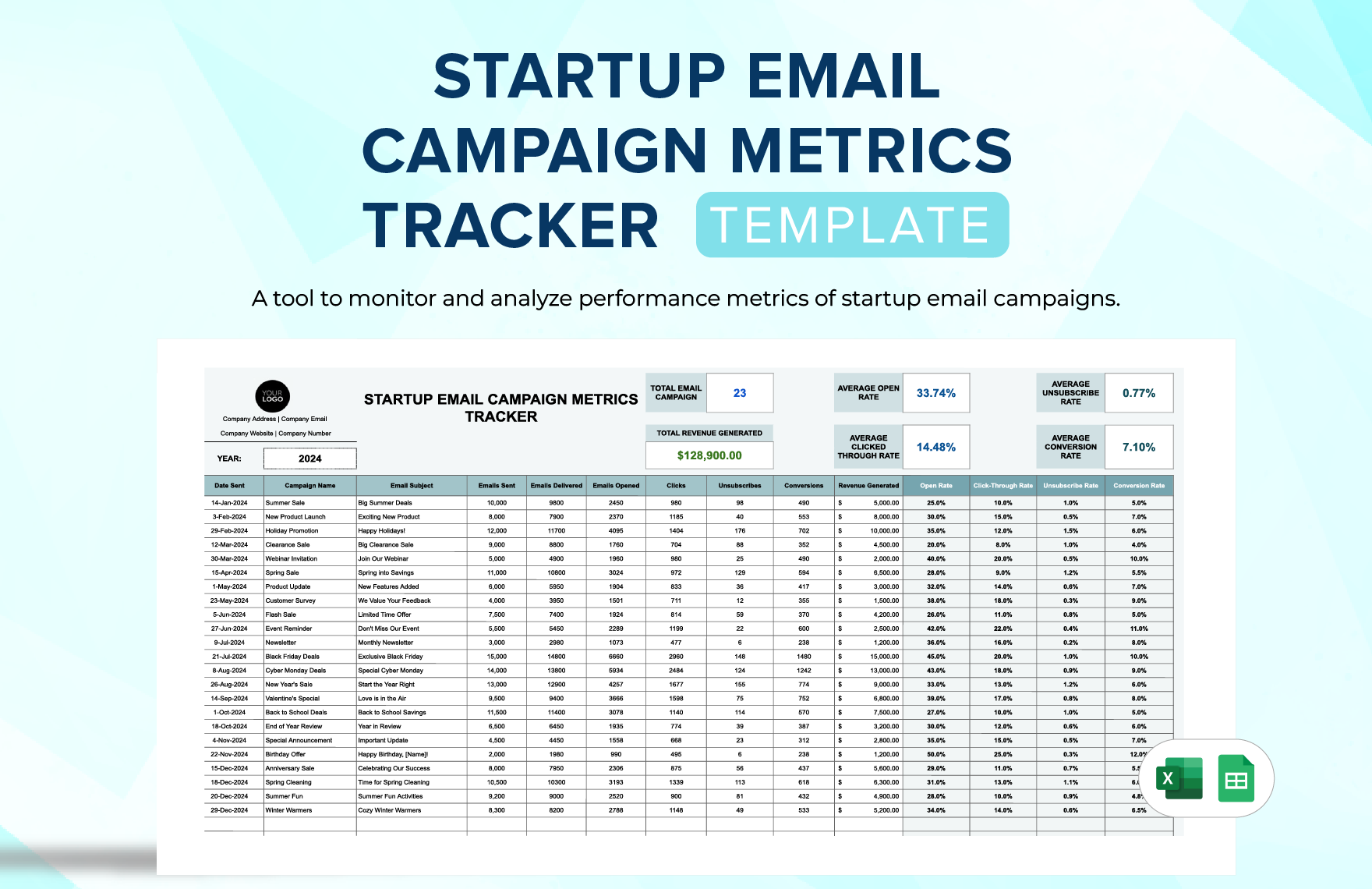 Startup Email Campaign Metrics Tracker Template in Excel, Google Sheets