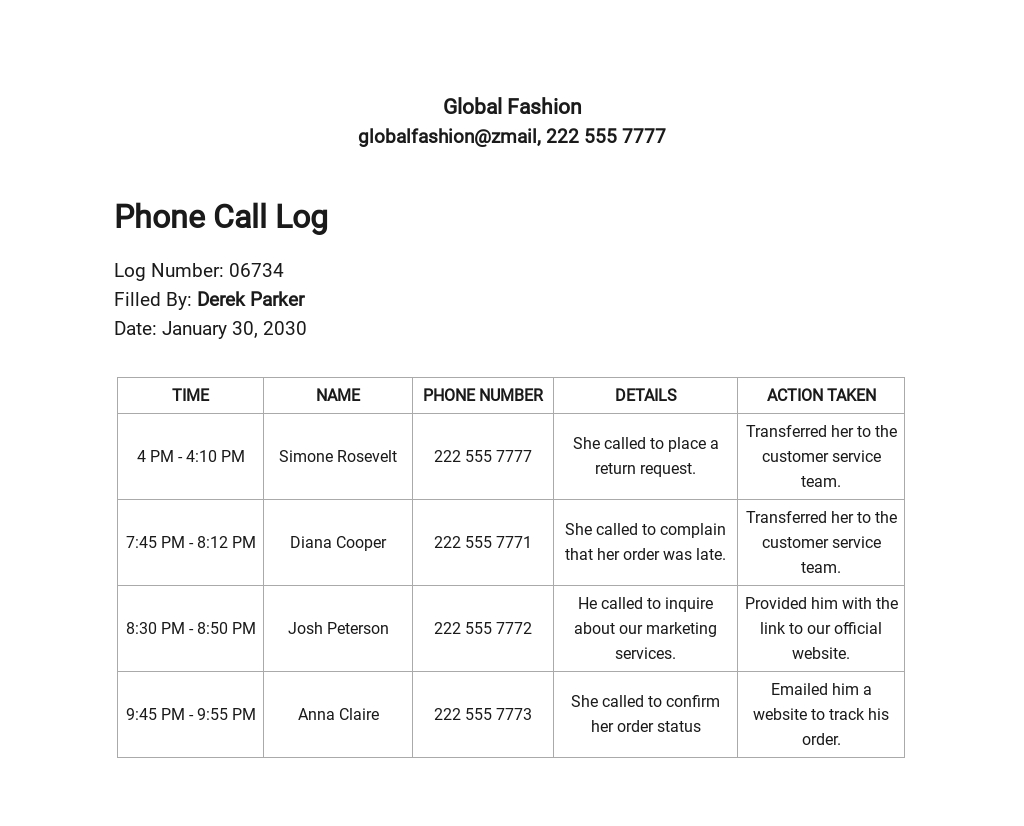 FREE Phone Call Log Template - PDF | Word (DOC) | Excel | Apple (MAC ...