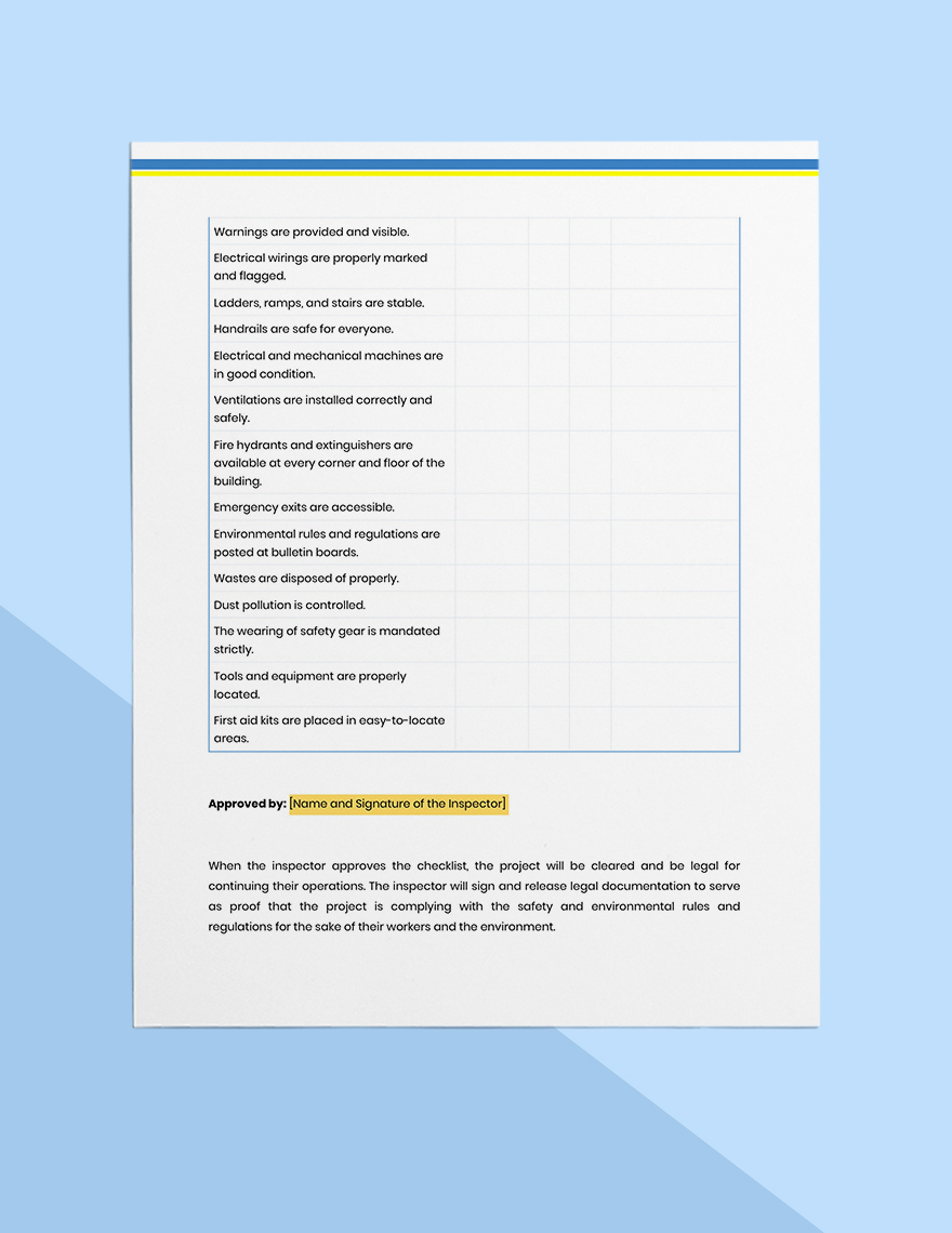 Project Site Safety & Environmental Inspection Template