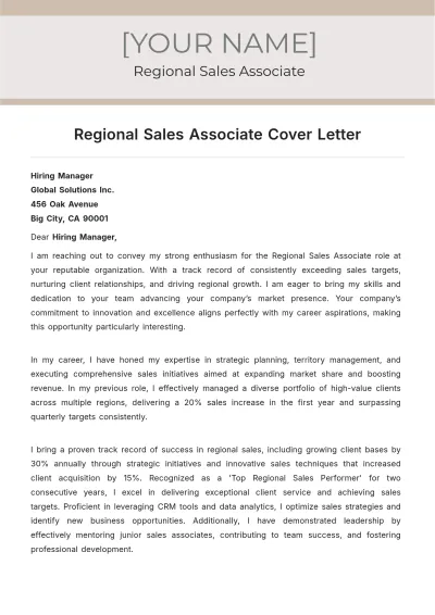 Free Regional Sales Associate Cover Letter to Edit Online