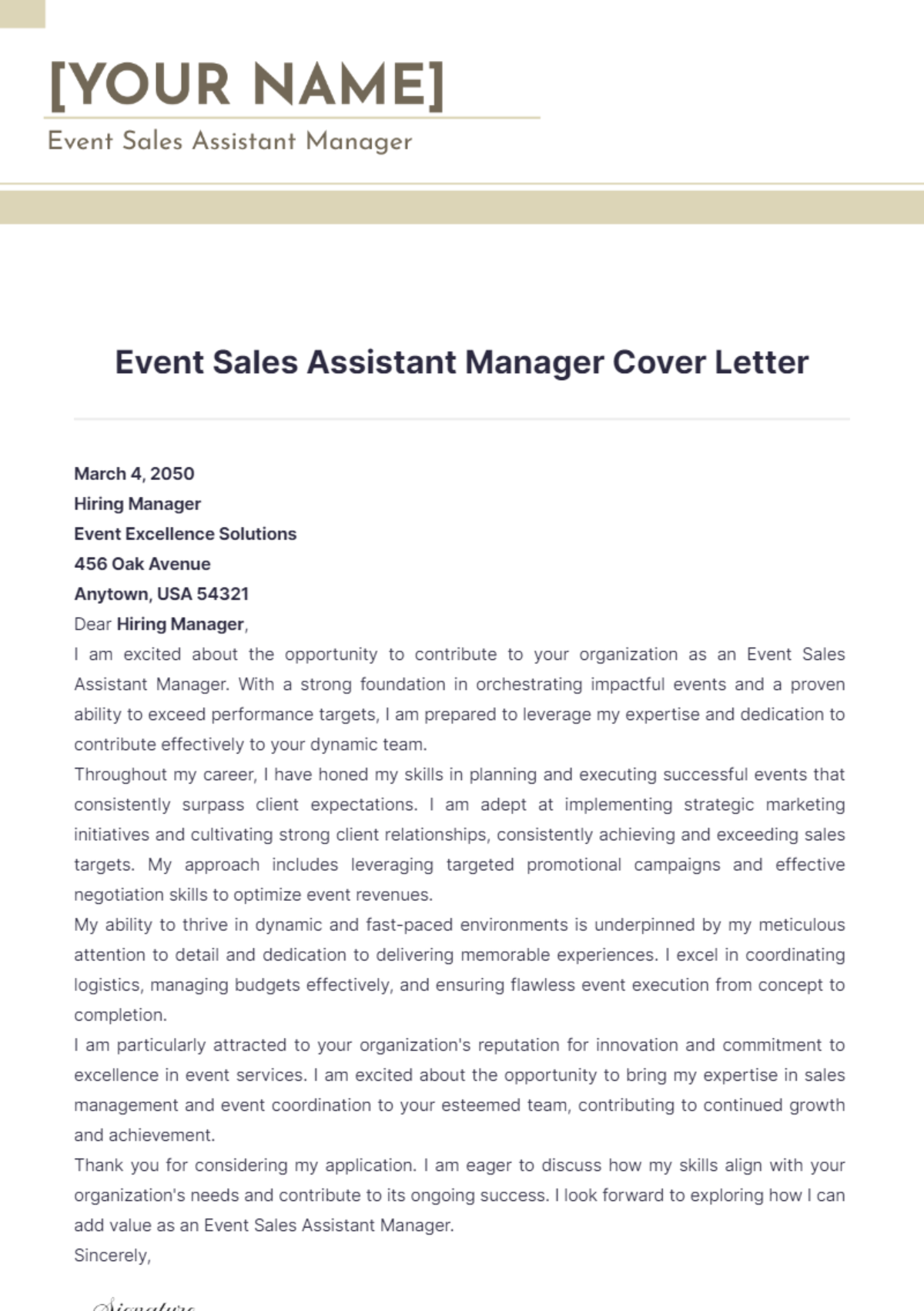 Event Sales Assistant Manager Cover Letter - Edit Online & Download