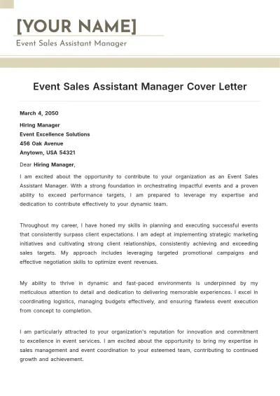 Free Event Sales Assistant Manager Cover Letter to Edit Online