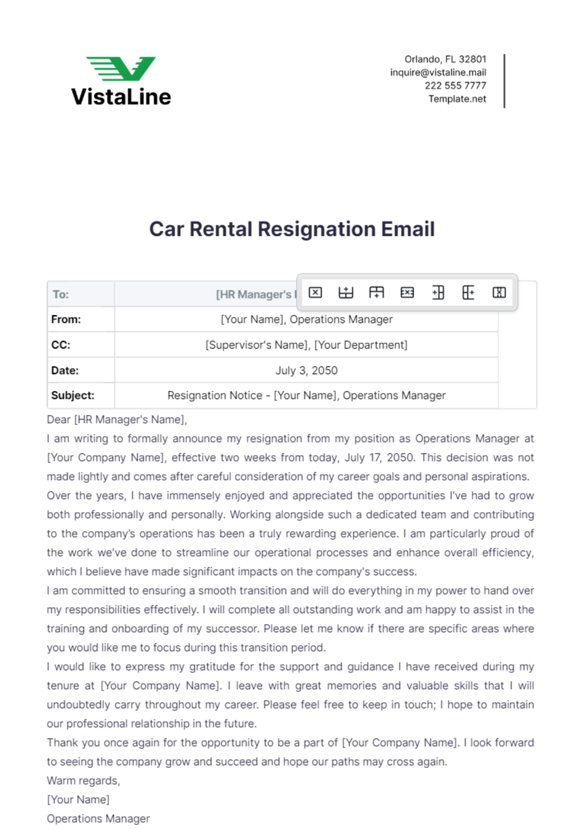 Car Rental Resignation Email Template