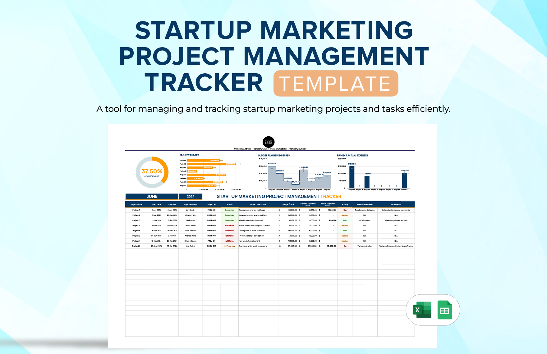 Startup Marketing Project Management Tracker Template in Excel, Google Sheets