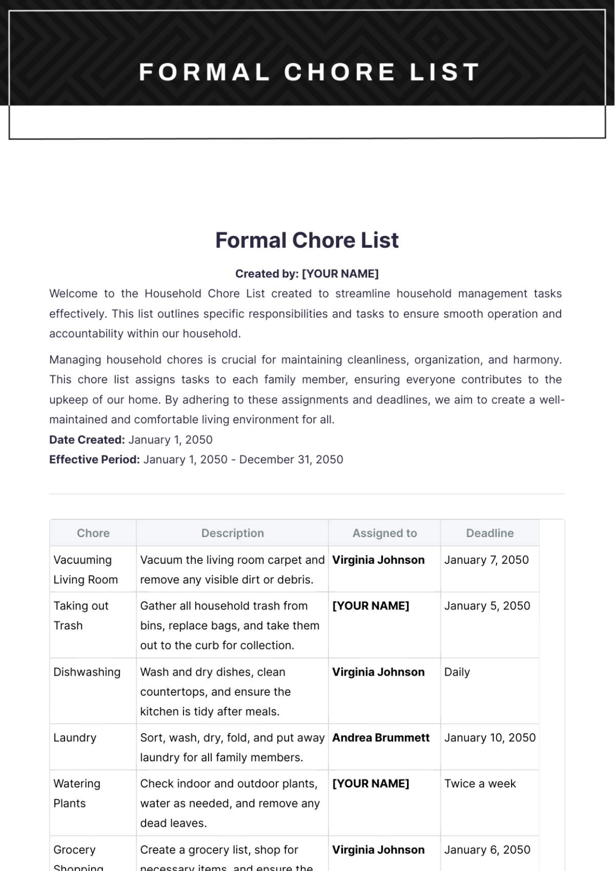 Formal Chore List Template - Edit Online & Download