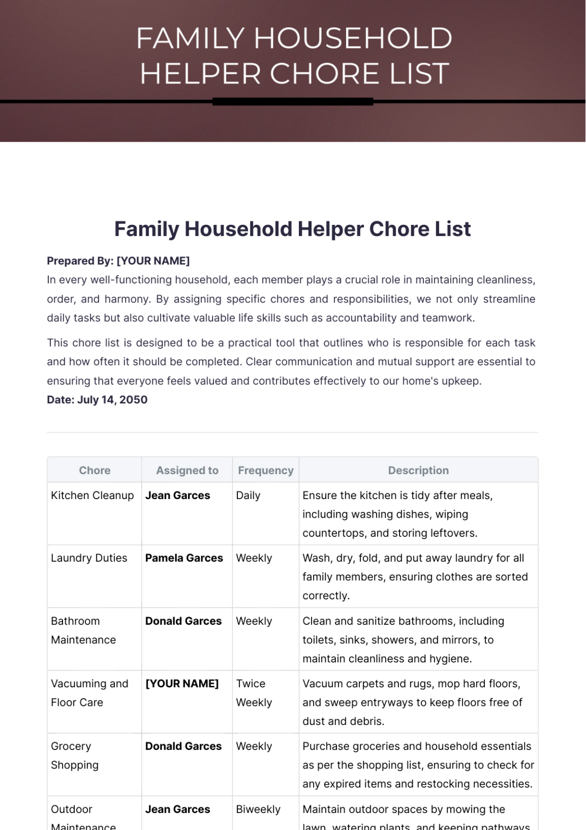 Family Household Helper Chore List Template - Edit Online & Download