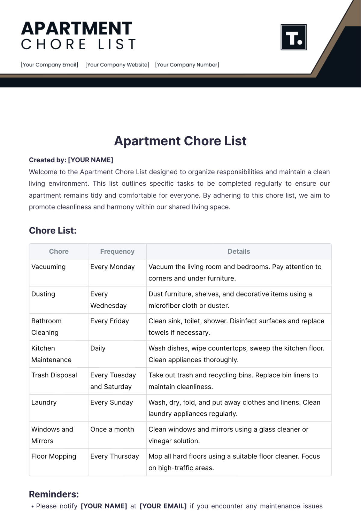 Apartment Chore List Template - Edit Online & Download