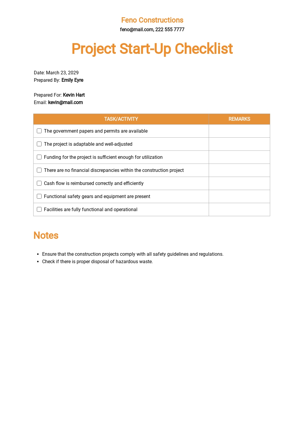 construction project startup checklist template