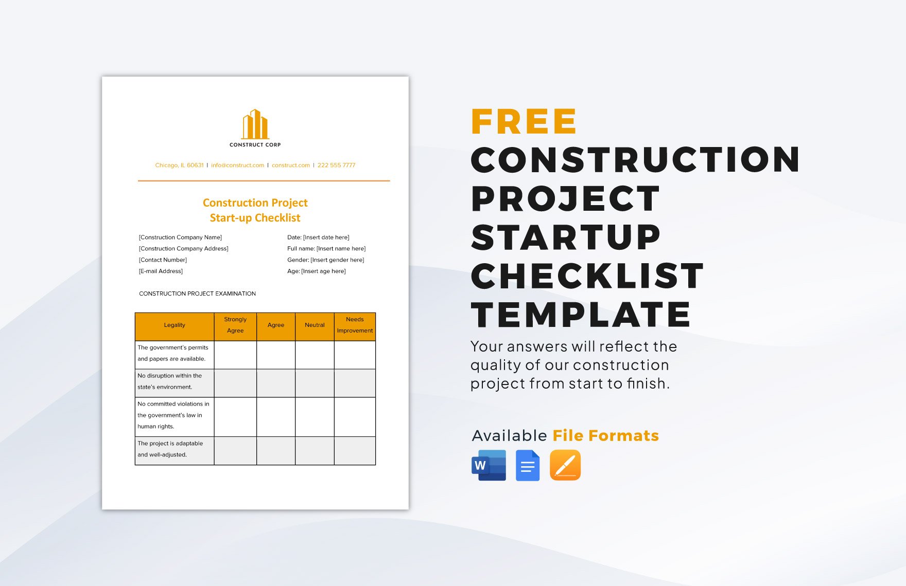 Construction Project Startup Checklist Template in Word, Google Docs, Apple Pages