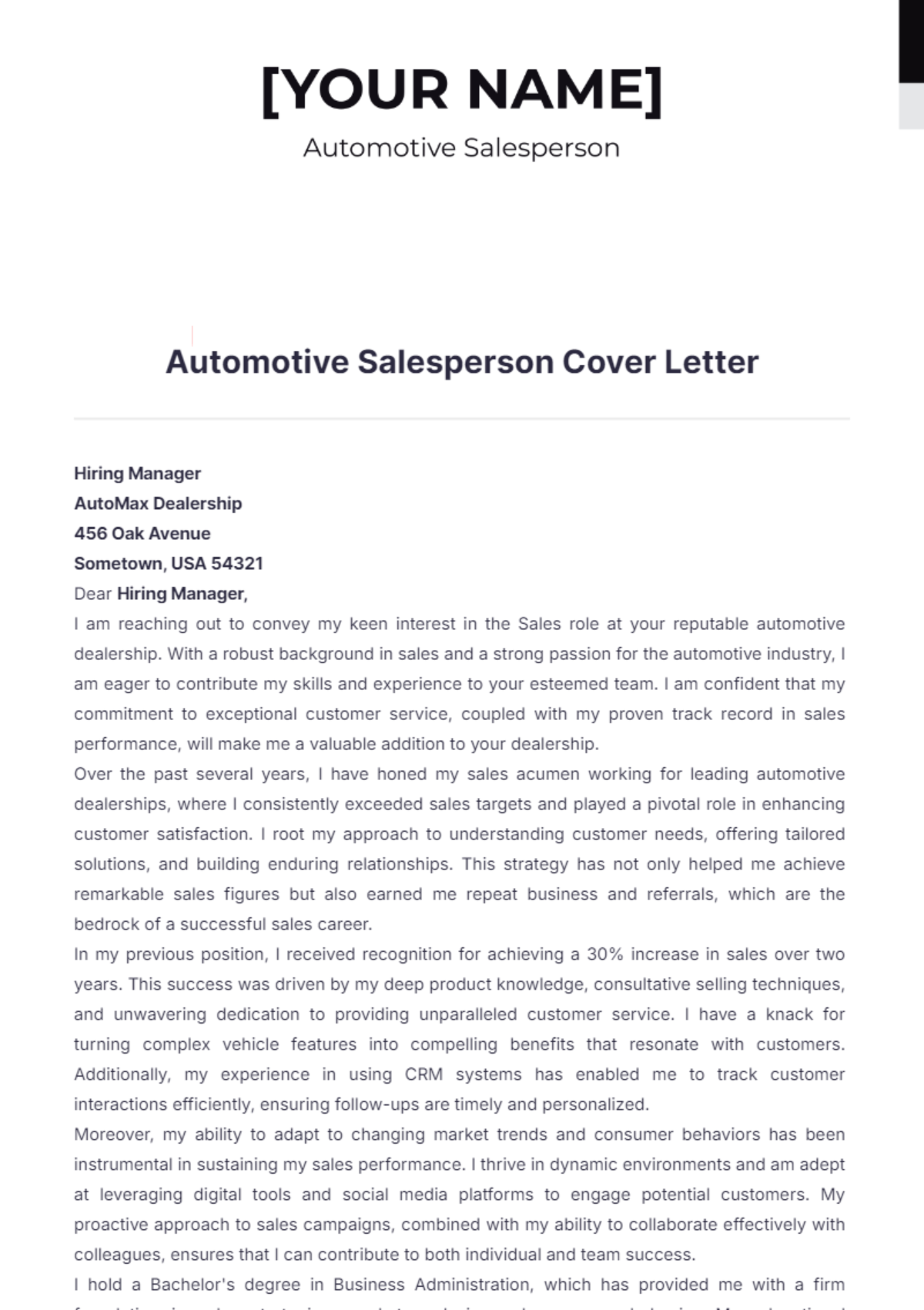 Automotive Salesperson Cover Letter - Edit Online & Download