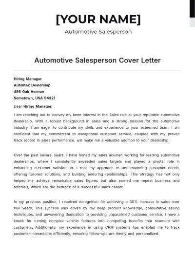 Free Automotive Salesperson Cover Letter to Edit Online