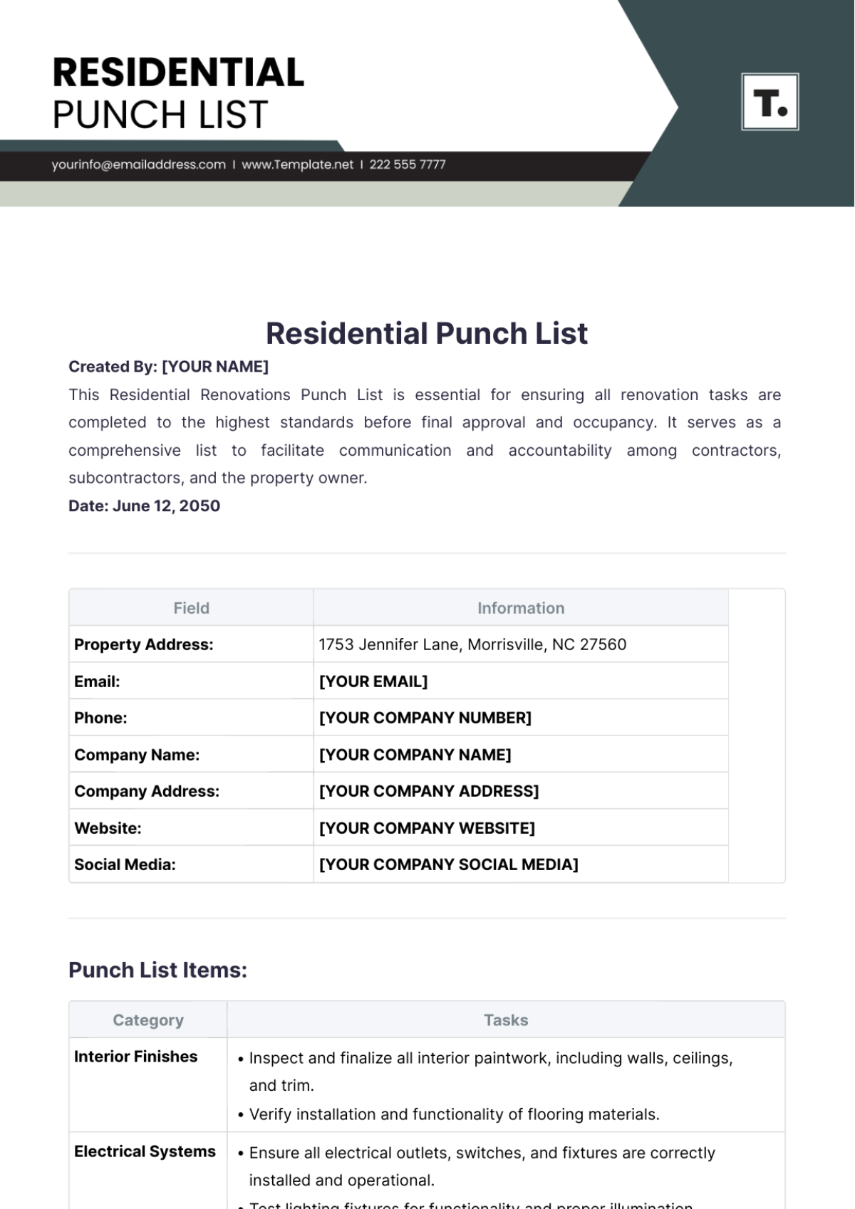 Residential Punch List Template